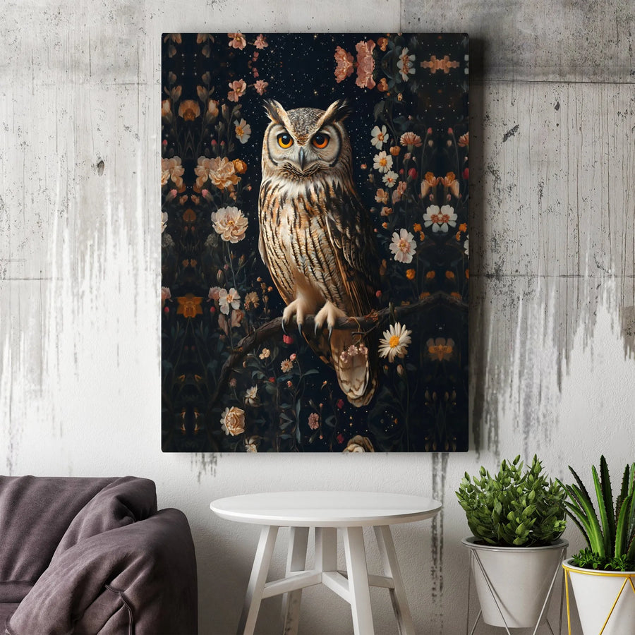 Great Horned Owl Wall Art | Floral Starry Night Canvas Print | Premium 1.25" Gallery Wrap | Nature-Inspired Home Decor Gift