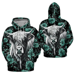 Highland Cow Hoodie | Floral Teal Rose All-Over Print | Premium Brushed Fleece Lining | Unique Farmhouse Aesthetic Gift for Her