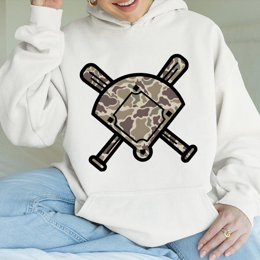 Baseball Camo Hoodie | Crossed Bats and Home Plate Graphic | Cotton-Poly Premium Blend | Gift for Baseball Players and Sports Fans