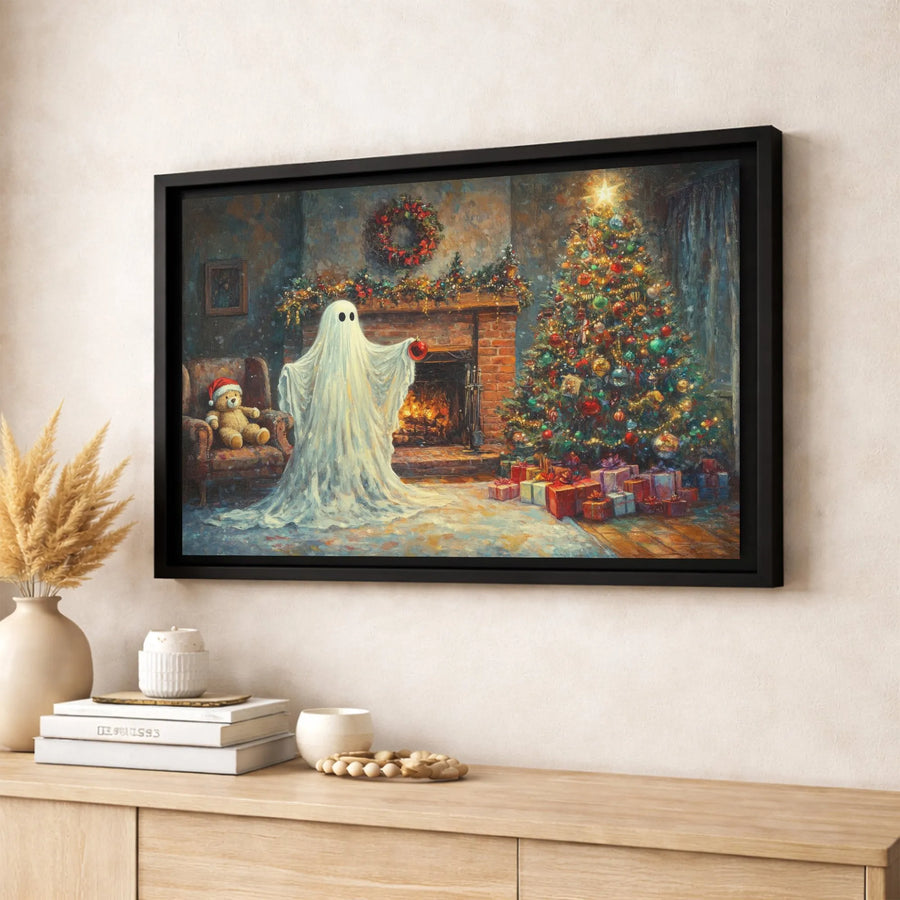 Ghost Decorating Christmas Tree Canvas | Spooky Cute Holiday Fireplace Scene | Premium 1.25 Inch Gallery Wrap | Whimsical Winter Wall Art Gift