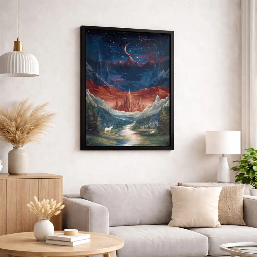 Fantasy Landscape Canvas Wall Art | White Stag Forest Moon Aesthetic | Premium Gallery-Wrap Decor | Gift For Fantasy Lover