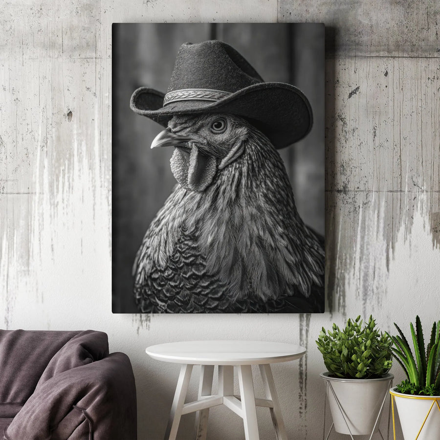 Chicken With Cowboy Hat Canvas Wall Art | Black and White Farmhouse Decor | Premium Gallery Wrap Print | Funny Western Animal Gift for Home Office