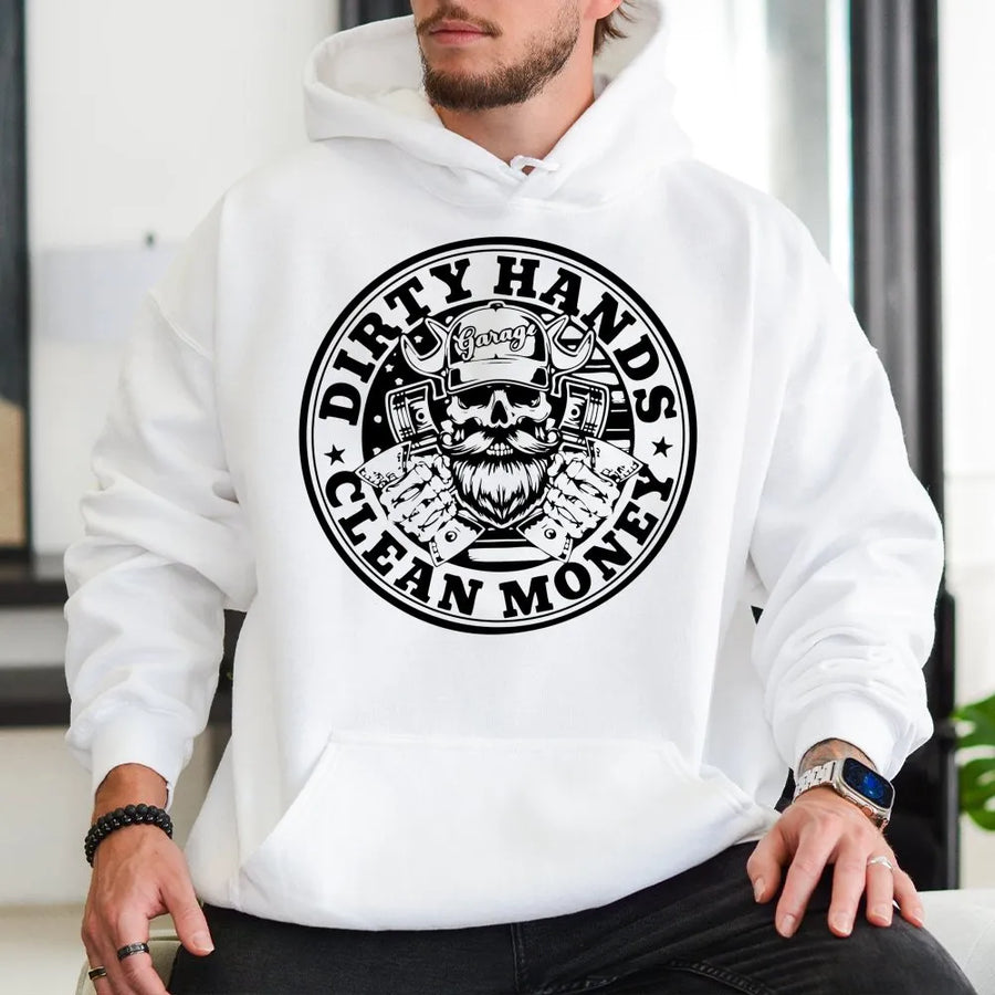 Dirty Hands Clean Money Hoodie | Mechanic Skull Garage Graphic | Premium Cotton Blend | Gift For Blue-Collar Workers and Dads