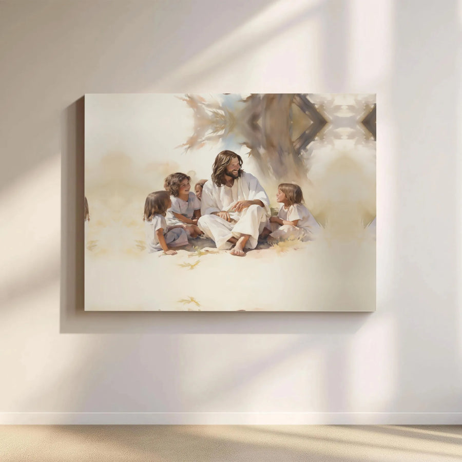 Jesus With Children Wall Art | Religious Watercolor Painting Print | Premium Gallery Wrapped Canvas | Christian Home Decor Gift