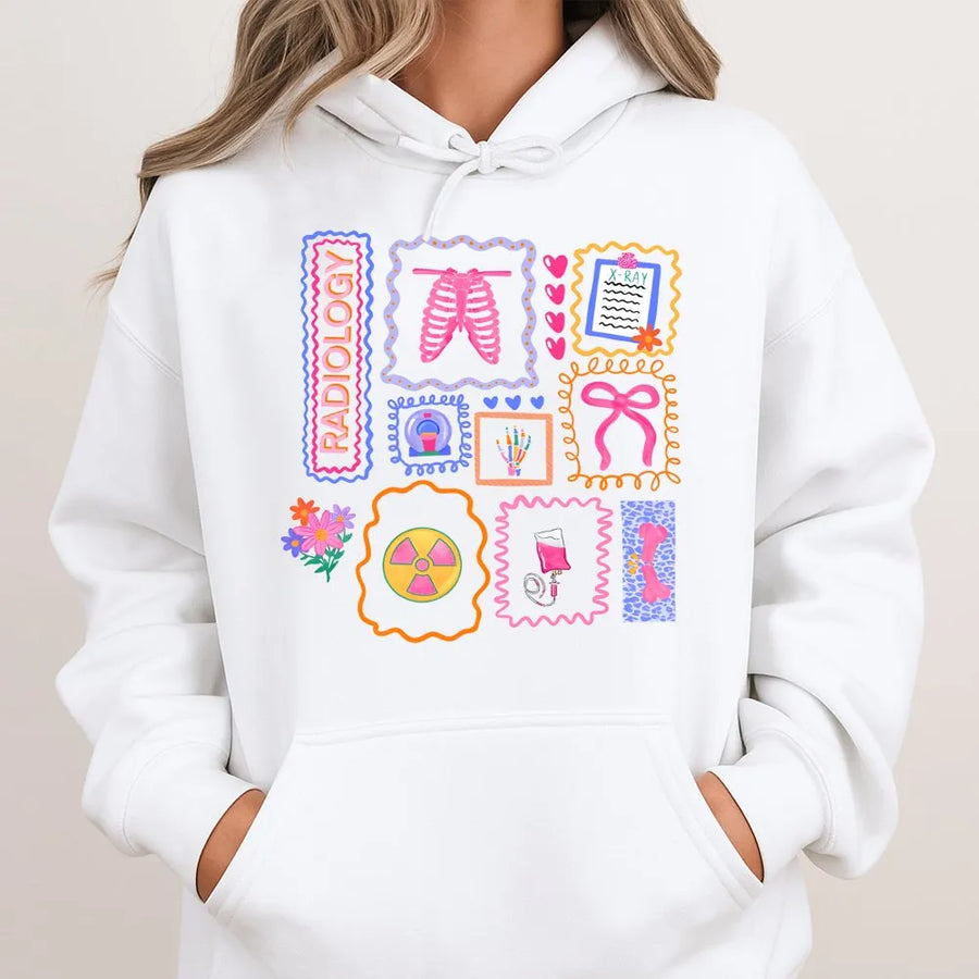 Radiology Tech Hoodie | Cute Medical Icons Graphic Sweatshirt | Premium Cotton Blend | Gift for Rad Tech, Xray Technician Appreciation