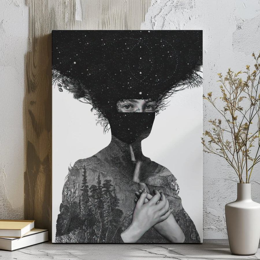 Surreal Woman Portrait Canvas Art | Starry Galaxy Hair & Forest Double Exposure Print | Premium Gallery Wrap | Modern Home Decor Gift