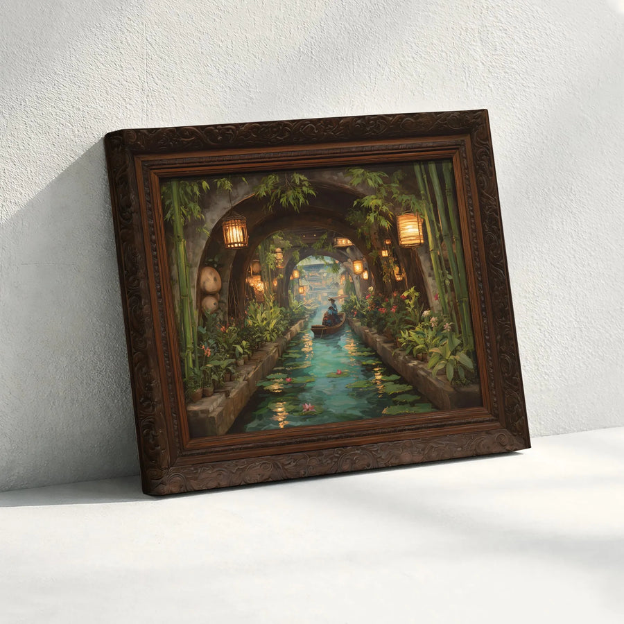 Floating Lantern Canal Canvas Art | Asian Water Garden Painting | Premium Gallery-Quality Print | Zen Living Room Decor Gift