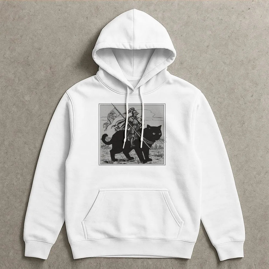 Knight Riding Cat Hoodie | Funny Medieval Art Graphic Sweatshirt | Premium Cotton Blend | Quirky Gift for Fantasy Lovers and Renaissance Fair Fans