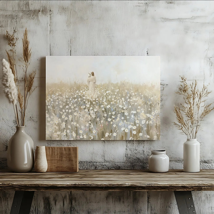 Jesus Holding A Lamb Canvas Wall Art | Watercolor Floral Meadow Print | Premium 1.25-inch Gallery Profile | Religious Home Decor Gift