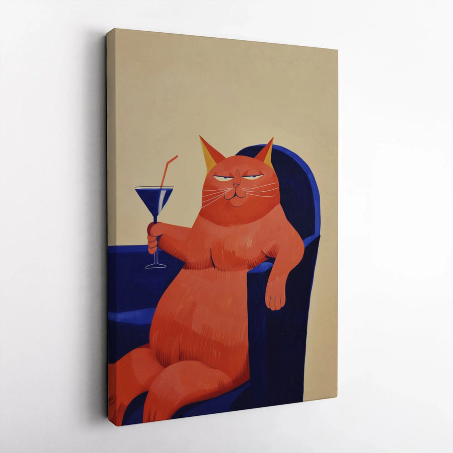 Smug Orange Cat Wall Art | Funny Cocktail Drinking Cat Canvas | Premium Gallery Wrap Decor | Quirky Gift for Cat Lovers