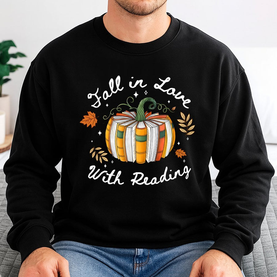 Fall in Love with Reading Sweatshirt | Book Lover Pumpkin Graphic | Premium Cotton Blend Cozy Crewneck | Unique Librarian Teacher Gift