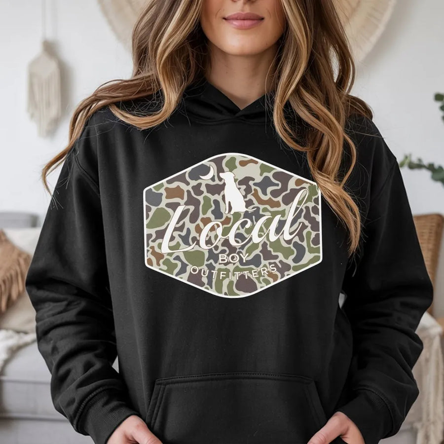 Camo Dog Hoodie | Southern Hunting Wildlife Graphic | Premium Cotton Blend | Gift For Outdoorsmen And Duck Hunters