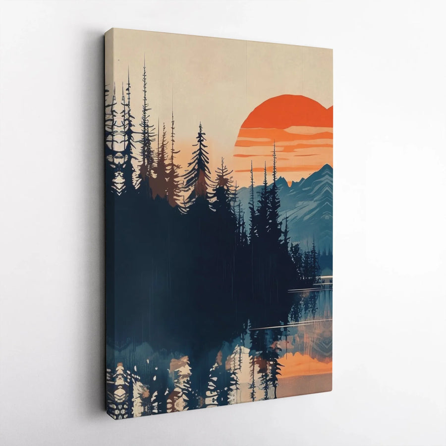 Mountain Sunset Canvas Wall Art | Minimalist Pine Tree Forest & Lake Scene | Premium Gallery Wrap Print | Modern Cabin Decor Gift for Nature Lover