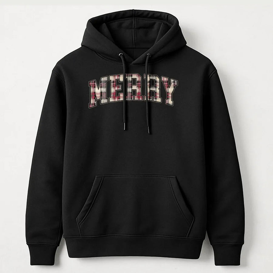 Merry Christmas Hoodie | Retro Plaid Varsity Lettering | Premium Cotton Blend | Holiday Gift For Her