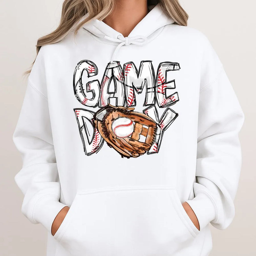 Game Day Baseball Hoodie | Sketch Style Baseball Stitch Graphic | Soft Cotton Unisex Tee | Gift for Baseball Mom and Sports Fans