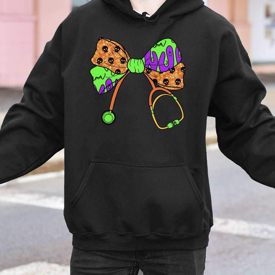 Spooky Nurse Hoodie | Halloween Coquette Bow Stethoscope Graphic | Premium Cotton Blend | Gift for Nurses and Nursing Students
