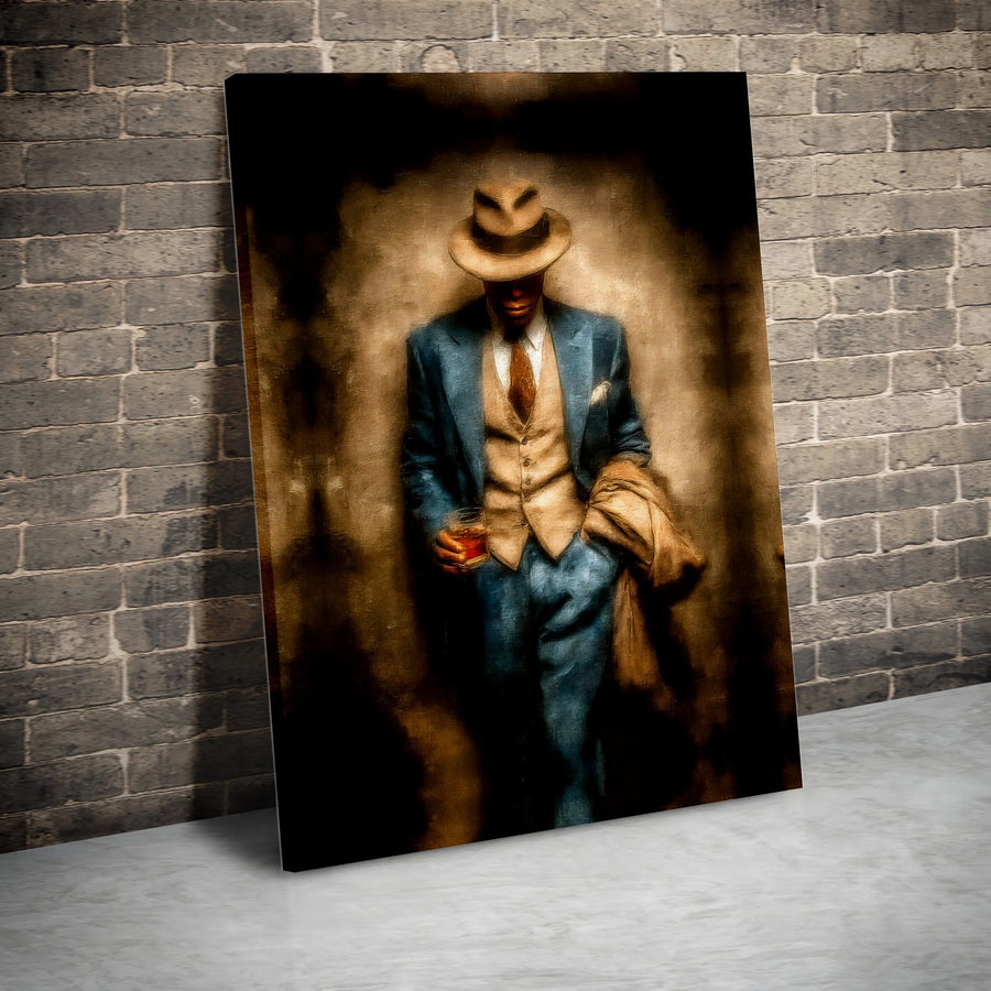 Gangster Wall Art Canvas Print | Man in Fedora with Whiskey Glass | Premium Fade-Resistant Print | Collector's Gift for Man Cave or Bar