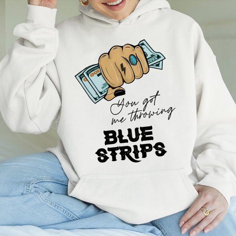 Blue Strips Graphic Hoodie | Money Hand Illustration Design | Cotton-Blend Premium Quality | Trendy Music Fan Gift For Men And Women