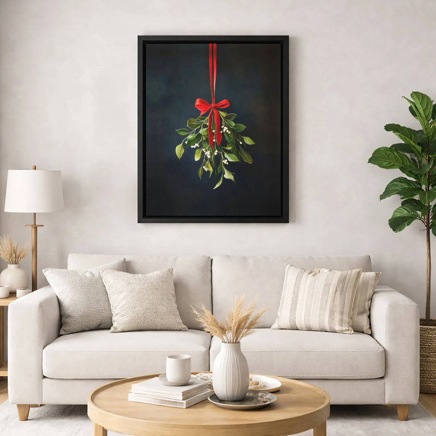 Hanging Mistletoe Canvas Wall Art | Red Ribbon Christmas Decor | Premium Fade-Resistant Print | Elegant Holiday Home Wall Hanging