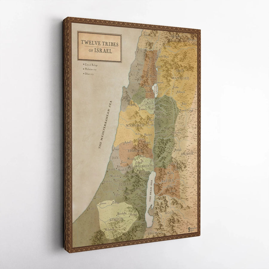 Twelve Tribes Of Israel Map Canvas | Vintage Biblical Geography Art | 1.25-Inch Premium Gallery Wrap | Religious Home Office Decor Gift