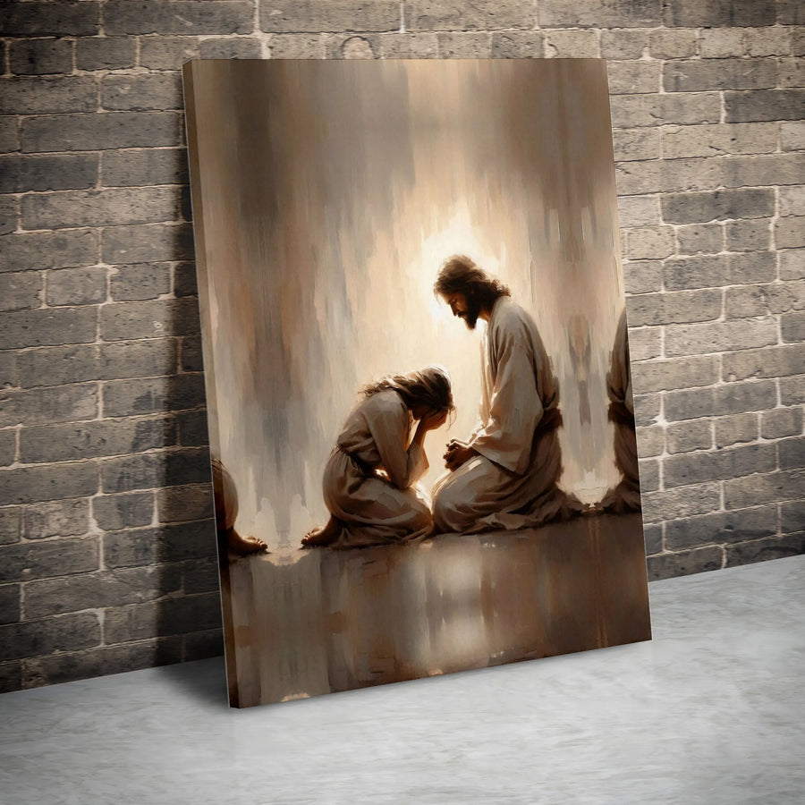 Jesus Praying With Kneeling Woman Canvas | Religious Fine Art Wall Decor | Gallery-Wrapped 1.25-Inch Profile | Spiritual Christian Home Gift
