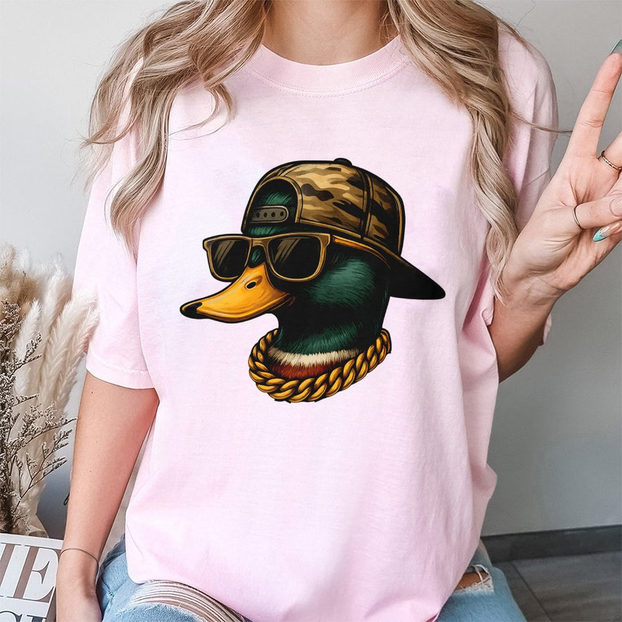 Cool Duck Graphic T-Shirt | Mallard Duck With Camo Hat And Gold Chain | 100% Premium Cotton | Funny Streetwear Gift For Hunters And Bird Lovers