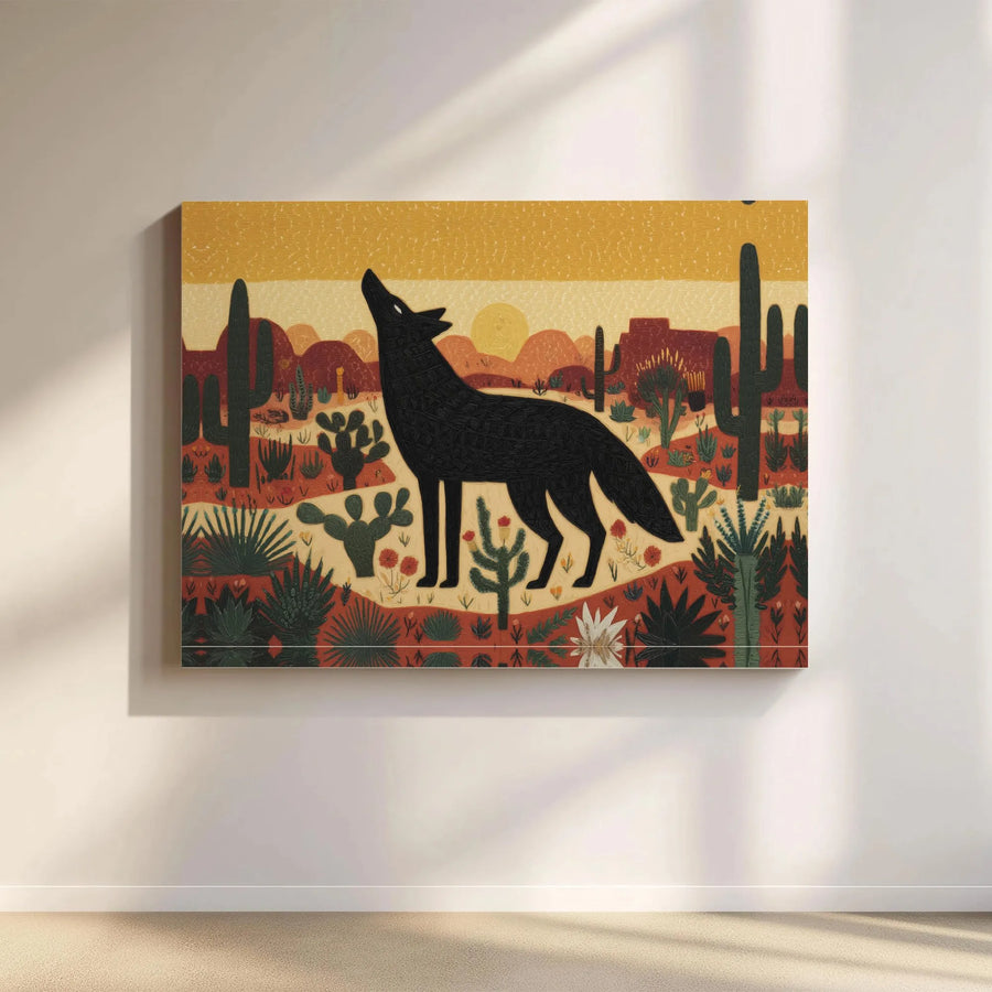 Southwestern Coyote Canvas Wall Art | Folk Art Howling Coyote Print | Premium Gallery Wrapped Canvas | Southwest Home Decor Gift