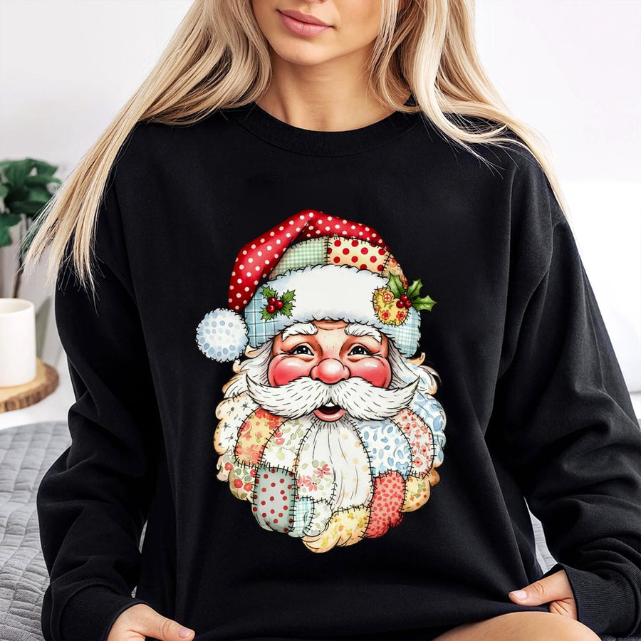 Patchwork Santa Sweatshirt | Vintage Quilt Style Christmas Design | Premium Cotton Blend | Cozy Holiday Gift for Women and Men