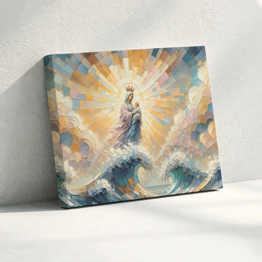 Stella Maris Canvas Art | Virgin Mary And Baby Jesus Ocean Print | Premium Gallery Wrapped Wall Decor | Religious Home Gift