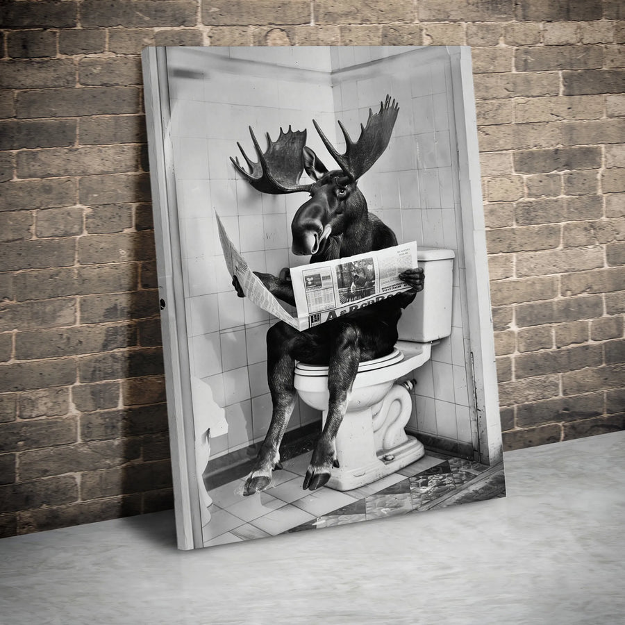 Moose on Toilet Reading Newspaper | Funny Bathroom Wall Art | Premium Gallery Canvas Print | Whimsical Farmhouse Restroom Decor Gift