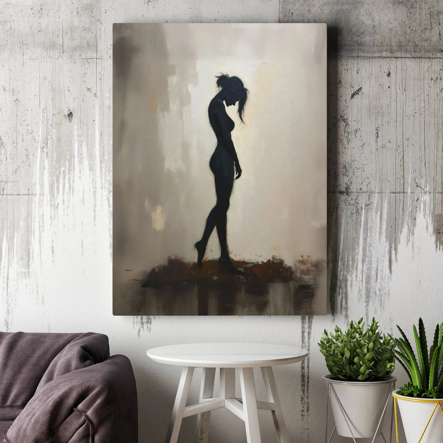 Sad Woman Silhouette Canvas | Minimalist Abstract Figure Art | Premium Gallery-Wrapped Print | Moody Home Decor for Living Room
