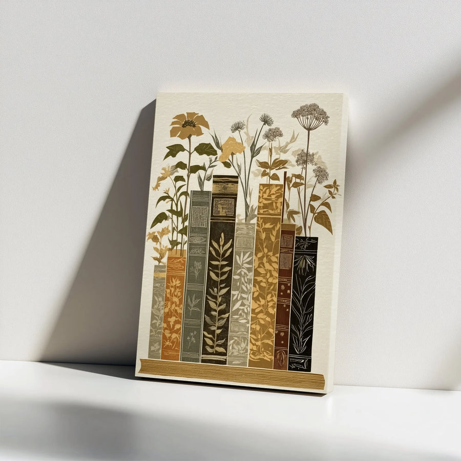 Botanical Bookshelf Canvas Wall Art | Wildflowers Growing From Books | Premium Canvas Print | Unique Gift for Book Lover and Librarian
