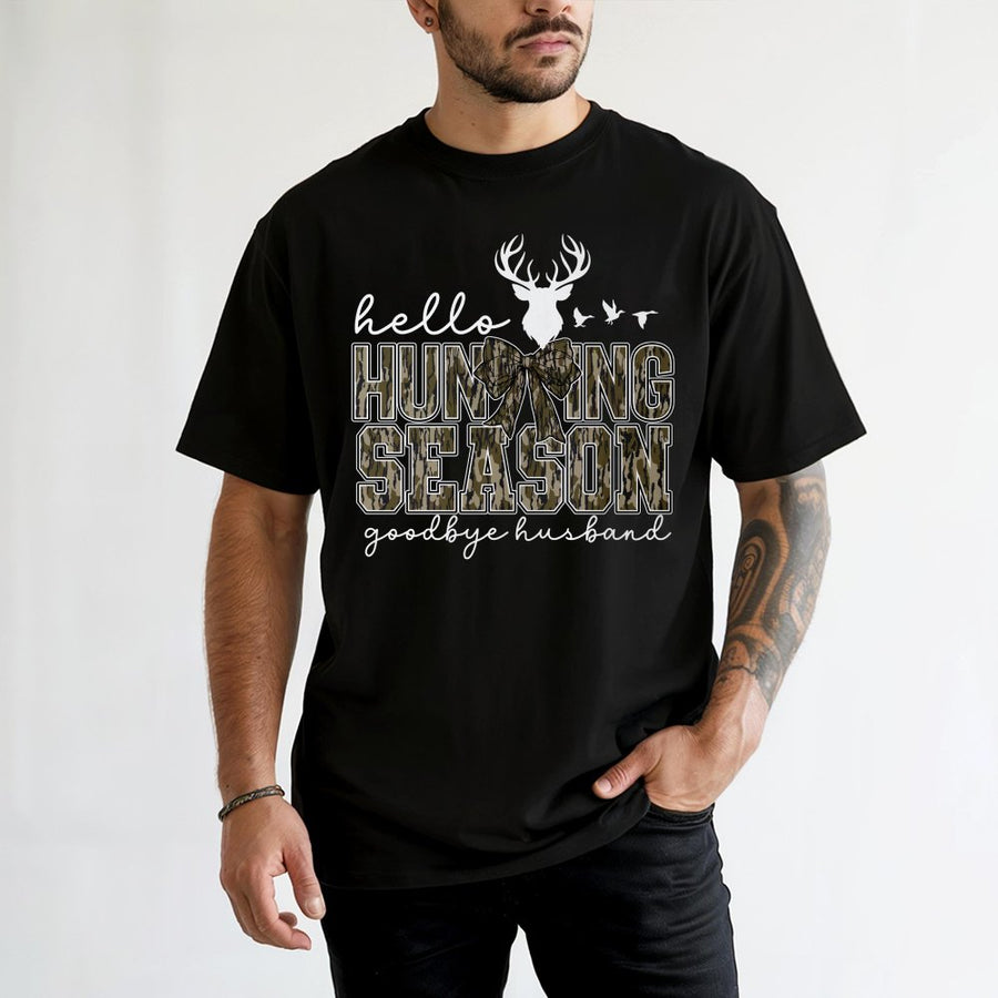 Hello Hunting Season Goodbye Husband T-Shirt | Camo Coquette Bow Graphic Tee | Premium Cotton Casual Wear | Funny Hunting Gift for Women