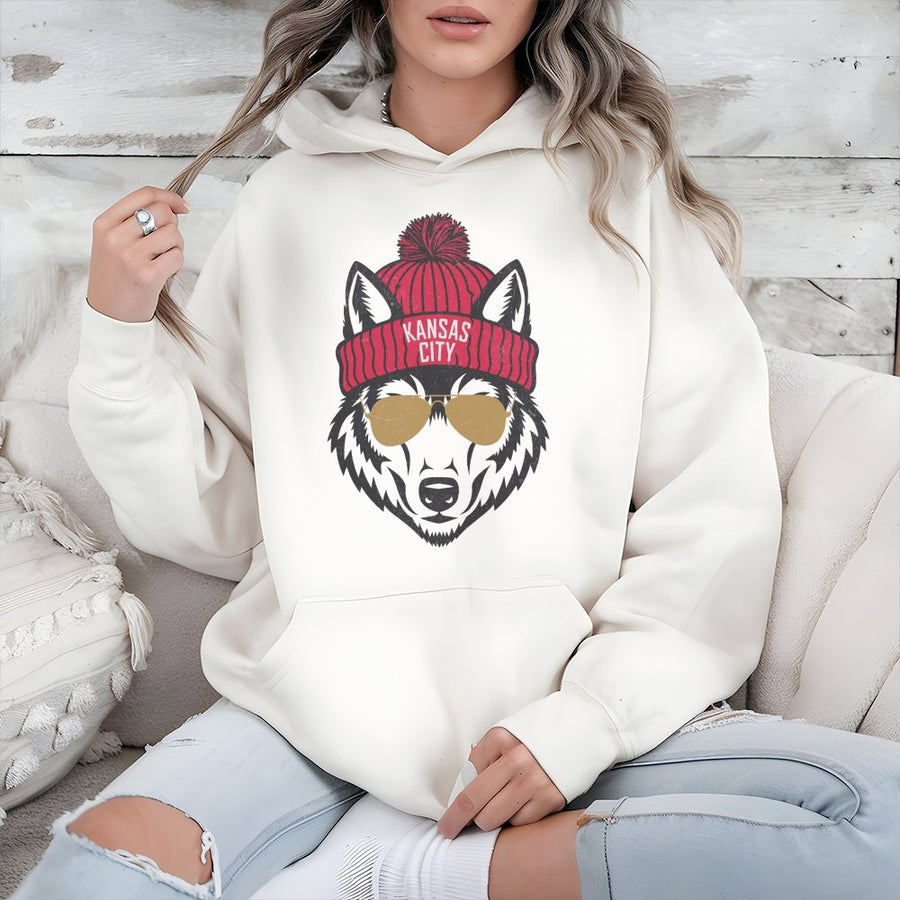 Kansas City Football Hoodie | Cool Wolf Mascot In Beanie | Cotton-Poly Blend Sweatshirt | Game Day Gift For Football Fans