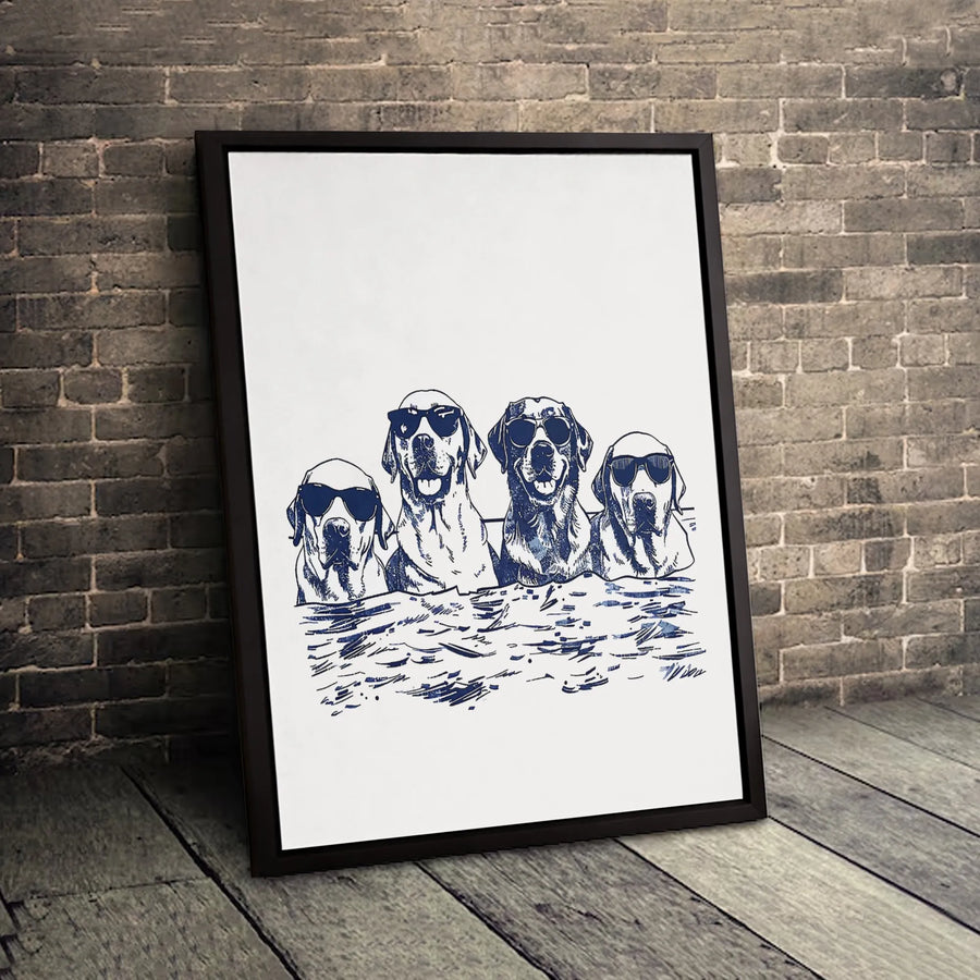 Four Labrador Dogs Swimming Canvas | Fun Beach Dog Wall Art | Premium Fade-Resistant Print | Gift for Dog Lovers & Pet Owners