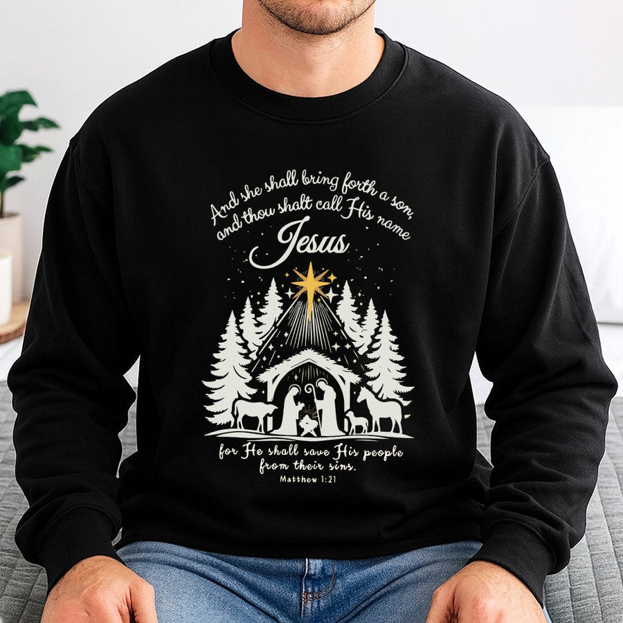 Nativity Scene Crewneck Sweatshirt | Matthew 1:21 Bible Verse Graphic | Premium Cotton Blend | Christian Christmas Gift for Men and Women