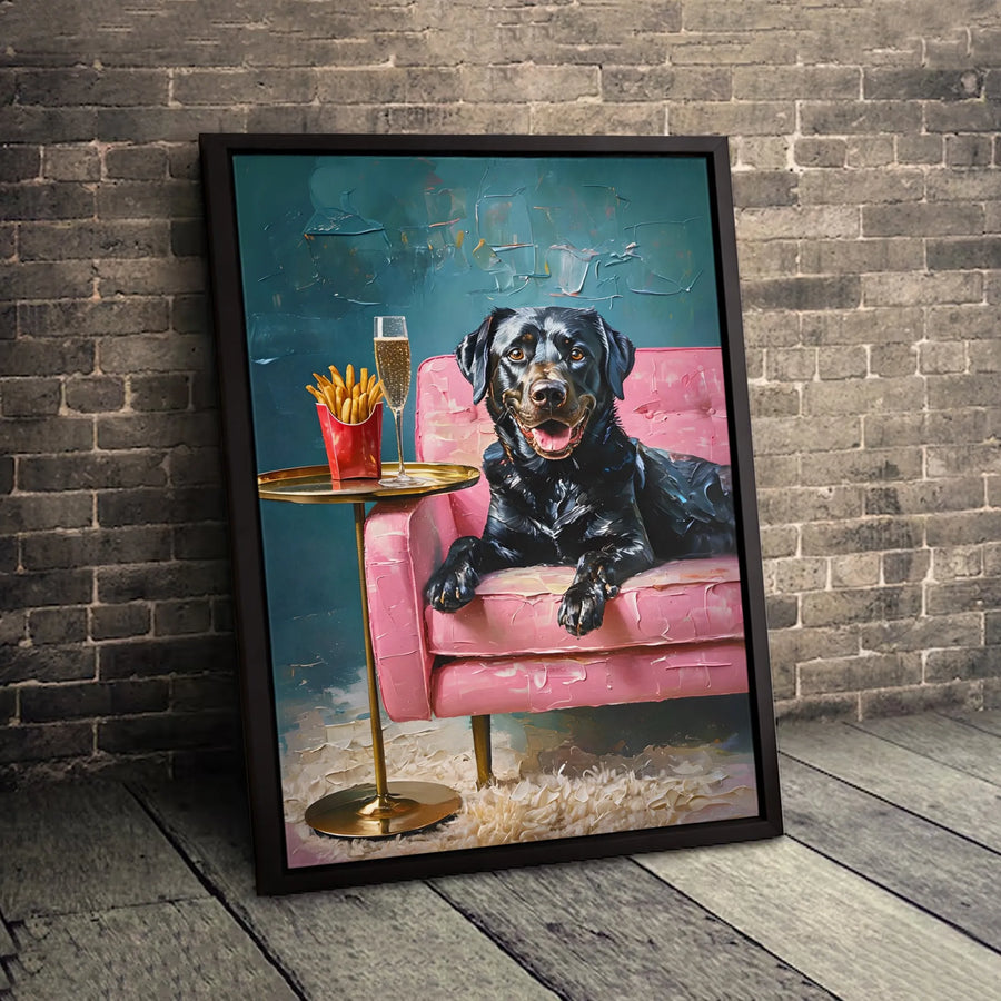 Black Labrador Canvas Art | Whimsical Dog Drinking Champagne & Fries Oil Painting Style | Premium Gallery Wrap Wall Decor | Unique Pet Lover Gift Idea
