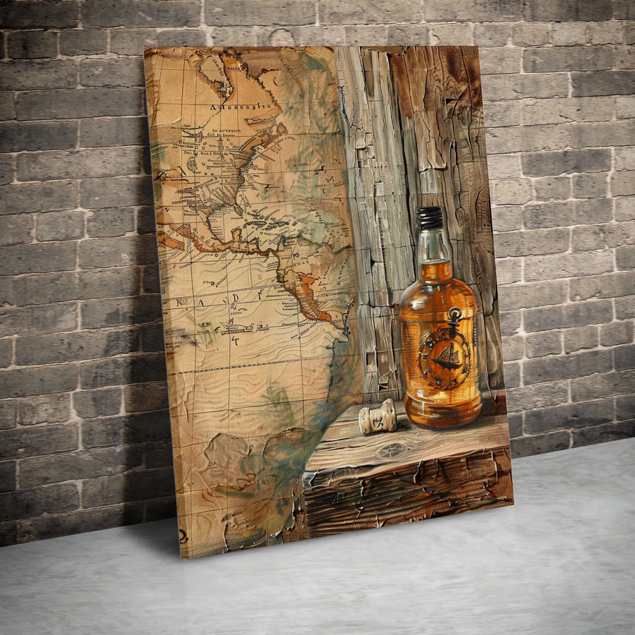 Vintage Nautical World Map Canvas | Whiskey Bottle Still Life Art | Premium Gallery-Wrapped Print | Man Cave & Home Office Bar Decor