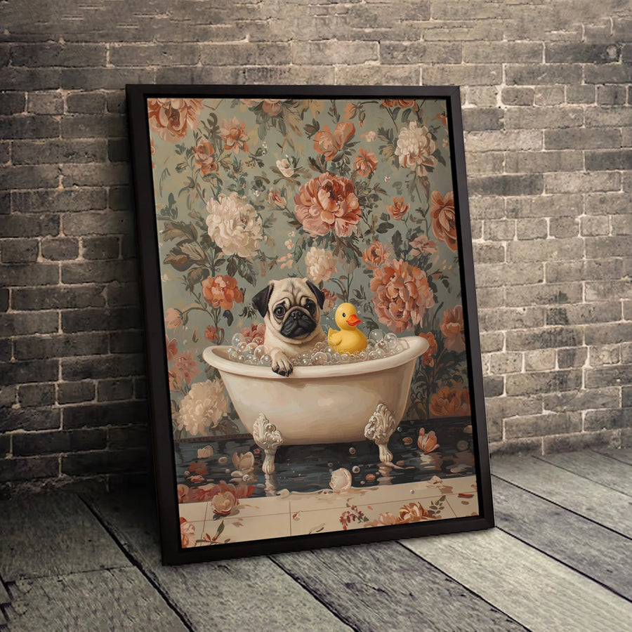 Pug Dog Bathing Canvas Print | Cute Puppy In Bathtub With Floral Art | Premium Fade-Resistant Wall Decor | Whimsical Animal Lover Gift