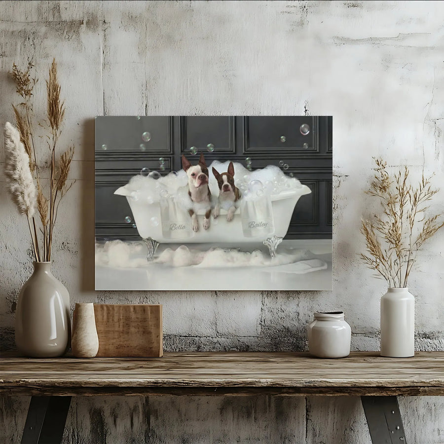 Boston Terrier Wall Art | Funny Dogs in Bathtub Canvas Print | Premium Gallery Wrapped Canvas | Unique Gift for Dog Lover