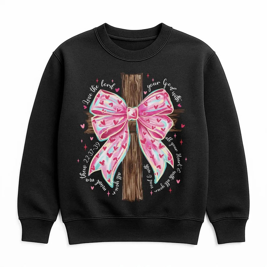 Christian Sweatshirt | Pink Coquette Bow and Cross Design | Premium Cotton Blend | Faith-Based Bible Verse Gift for Women