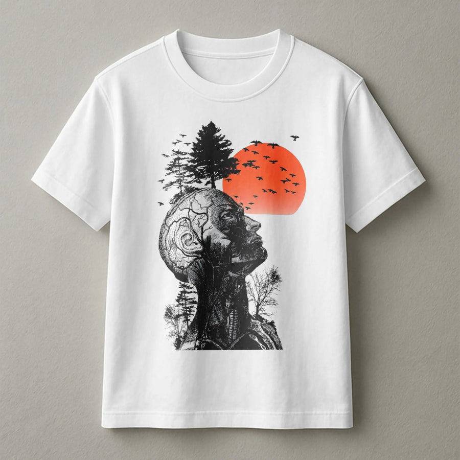 Surreal Human Anatomy Graphic T-Shirt | Artistic Nature Forest & Sunset Print | Premium 100% Cotton Tee | Unique Gift for Artists and Visionaries