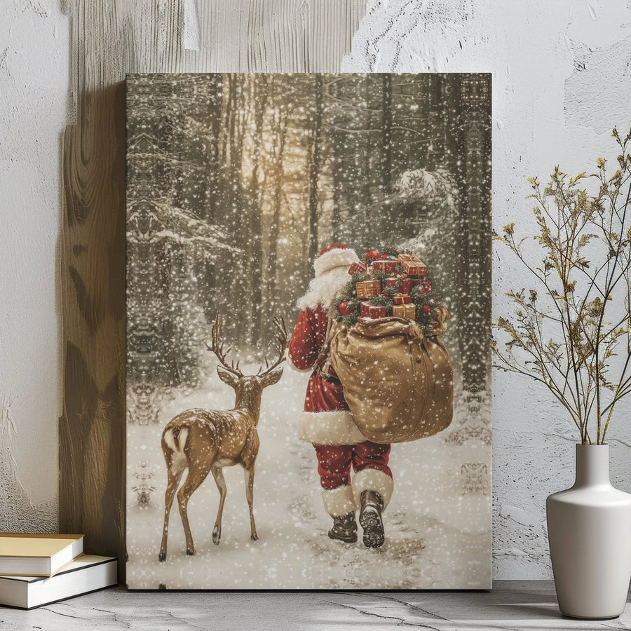Santa and Reindeer Canvas Wall Art | Snowy Forest Christmas Scene | Gallery Wrapped Premium Print | Festive Holiday Home Decor Gift