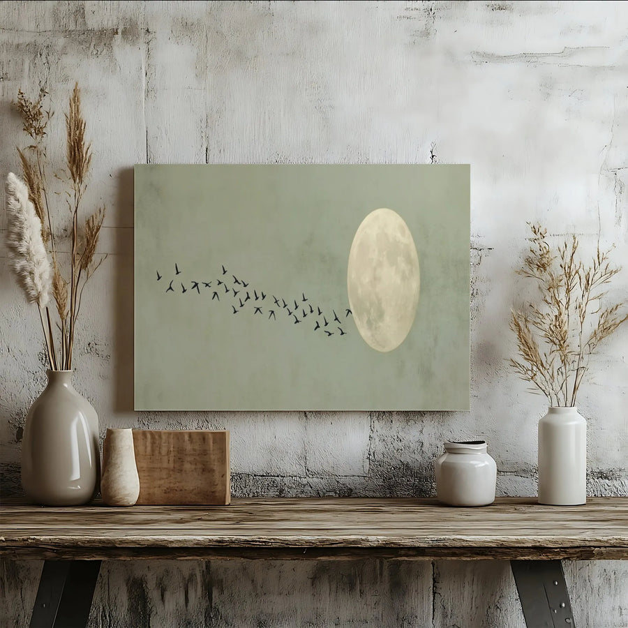 Full Moon Canvas Wall Art | Flock of Birds Minimalist Silhouette | Premium Gallery Wrap Print | Modern Nature Decor for Living Room Bedroom