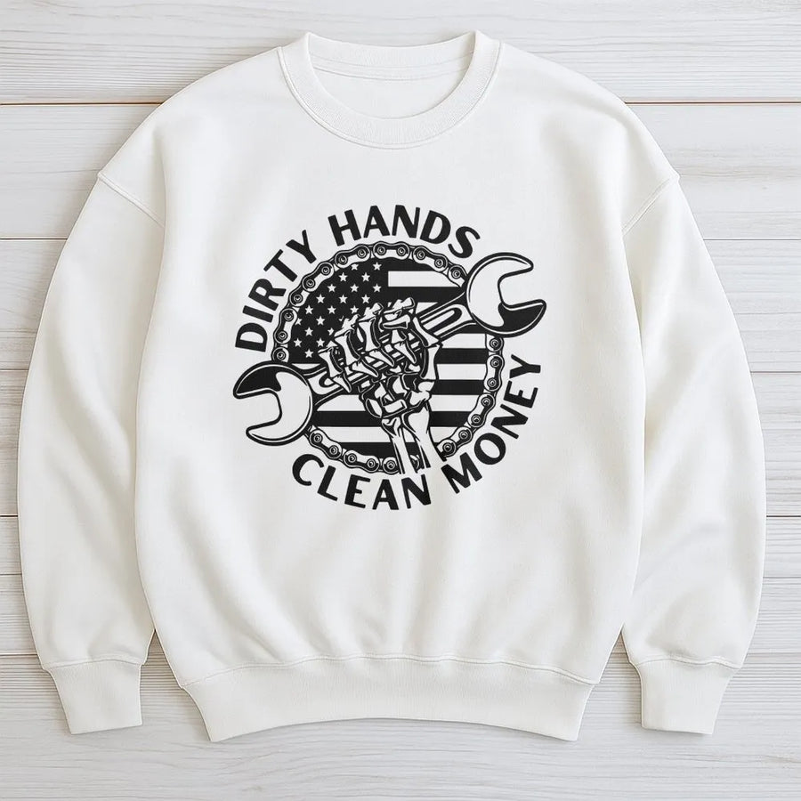 Mechanic Sweatshirt | Dirty Hands Clean Money American Flag Graphic | Premium Cotton Blend | Gift for Blue Collar Worker Hard Worker