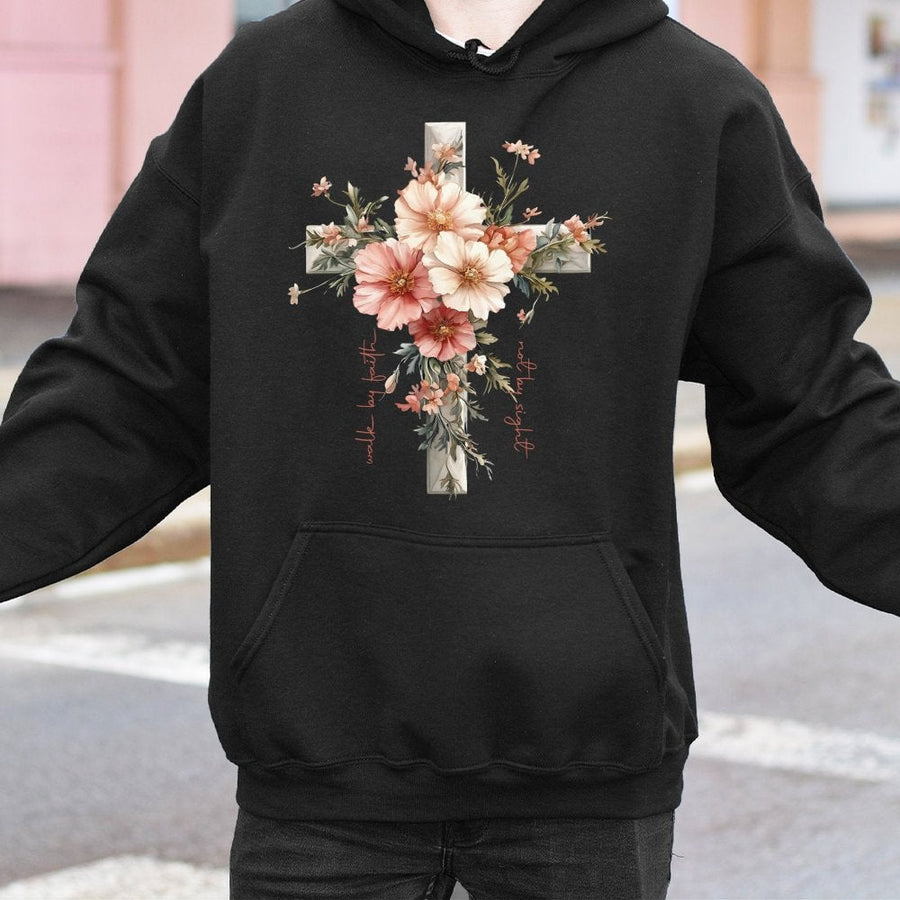 Walk By Faith Hoodie | Floral Cross Christian Graphic | Premium Cotton Blend | Religious Gift for Women and Men