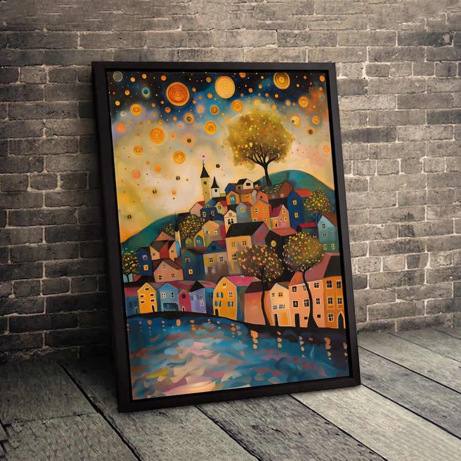 Whimsical Hillside Village Canvas Art | Night Sky Abstract Print | Premium Fade-Resistant Decor | Colorful Modern Wall Art for Home