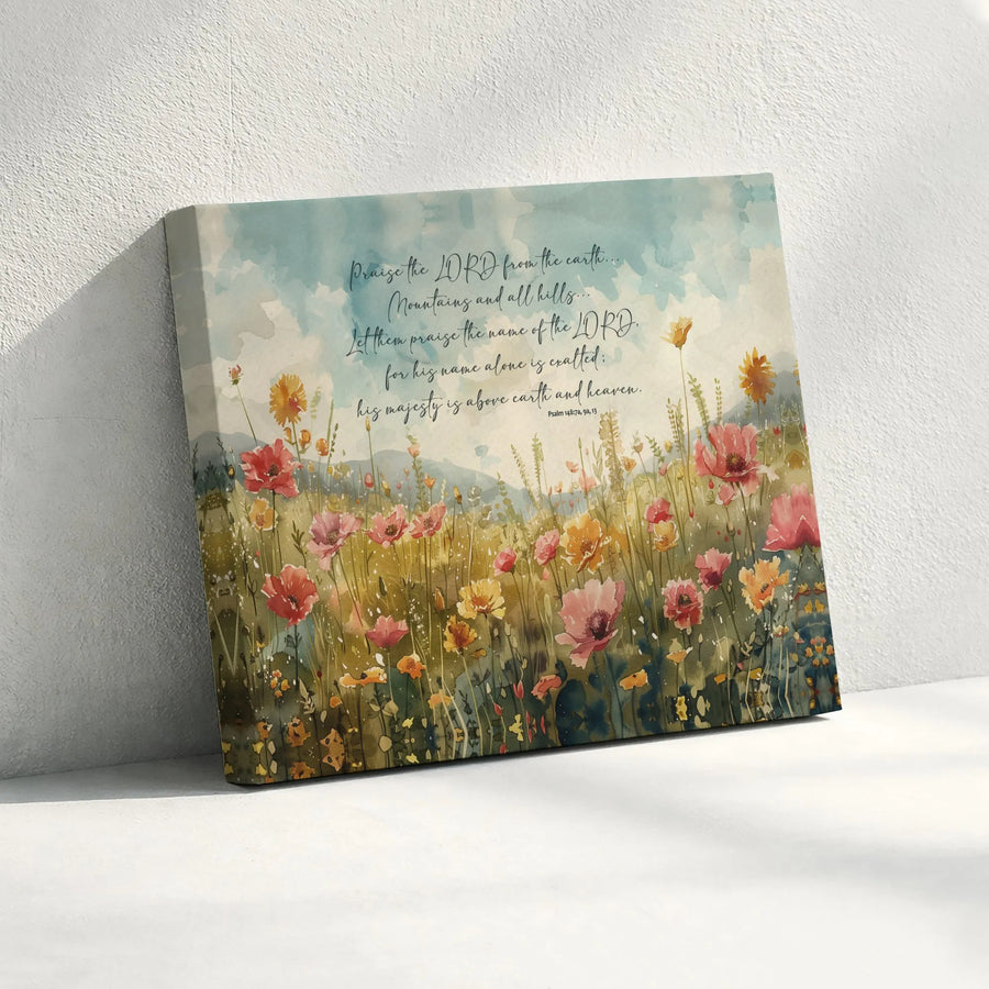 Psalm 148 Scripture Wall Art | Watercolor Wildflower Meadow Landscape | Premium Gallery-Wrapped Canvas | Religious Christian Home Decor Gift