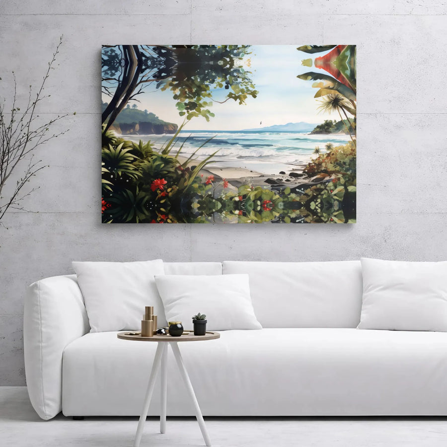 Tropical Beach Canvas Wall Art | Lush Coastal Landscape Painting | Premium Gallery Wrap Print | Serene Seascape Decor for Living Room