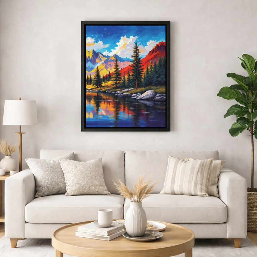 Vibrant Mountain Landscape Canvas | Impressionist Lake Reflection Wall Art | Premium Fade-Resistant Print | Nature Lover Home Decor Gift